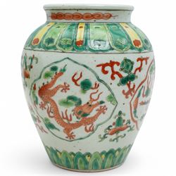 19th Chinese famille verte vase decorated with panels of dragons within a green and yellow...