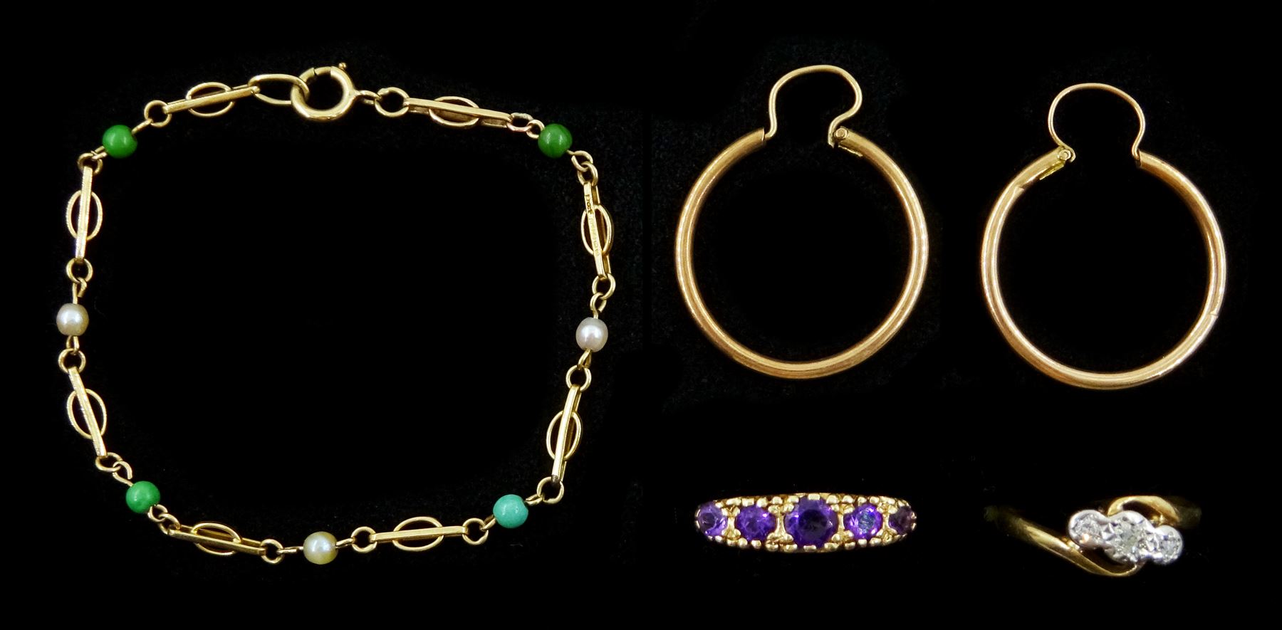 9ct gold jewellery including five stone amethyst ring, pair of hoop earrings, three stone diamond chip ring and a turquoise and pearl link bracelet