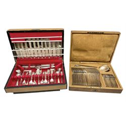 De Montfort cased canteen of silver plated cutlery for six place settings, together with further cased canteen of spoons and forks stamped Bon Marche