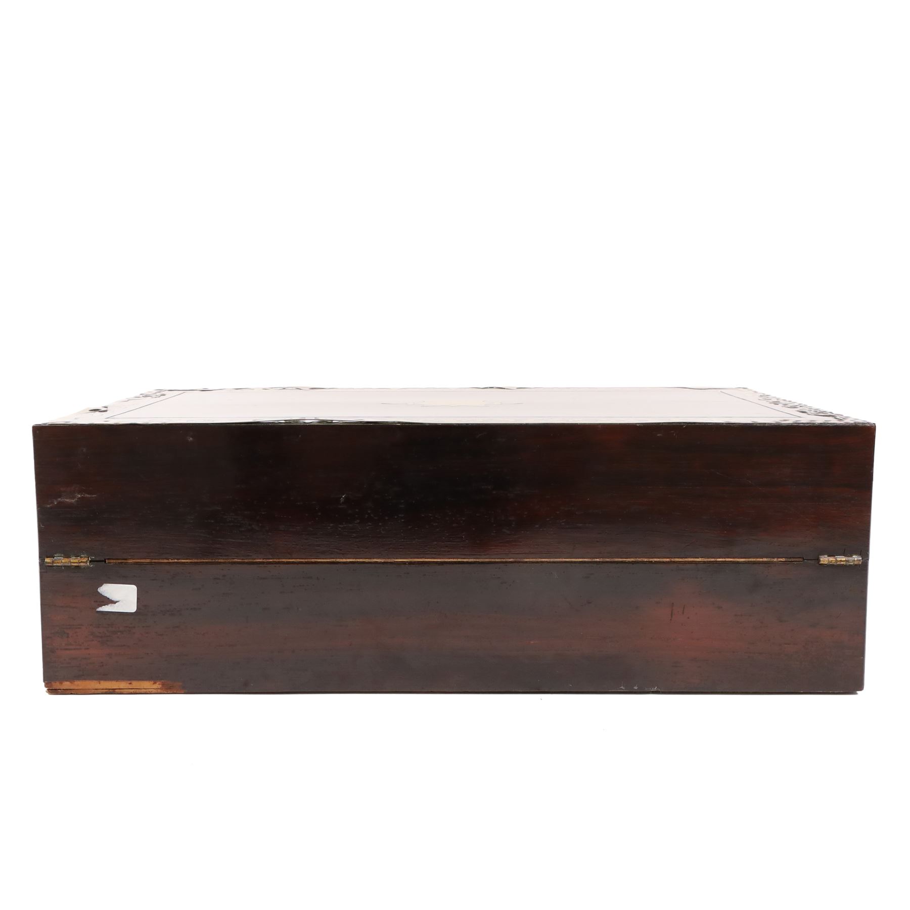 Rosewood writing slope, with brass inlaid decoration, the lid opening to reveal a purple writing slope, H17cm, L51cm