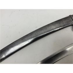 British 1796 Pattern Light Cavalry trooper's sword, the 84cm curving fullered blade stamped Hadley.1 to the back edge, steel hilt with knucklebow, D-shaped langets and leather grip; in polished steel scabbard stamped Osborn & Gunby Birmm. and W.R.16 ( ?16th Light Dragoons) with two suspension rings L100cm overall