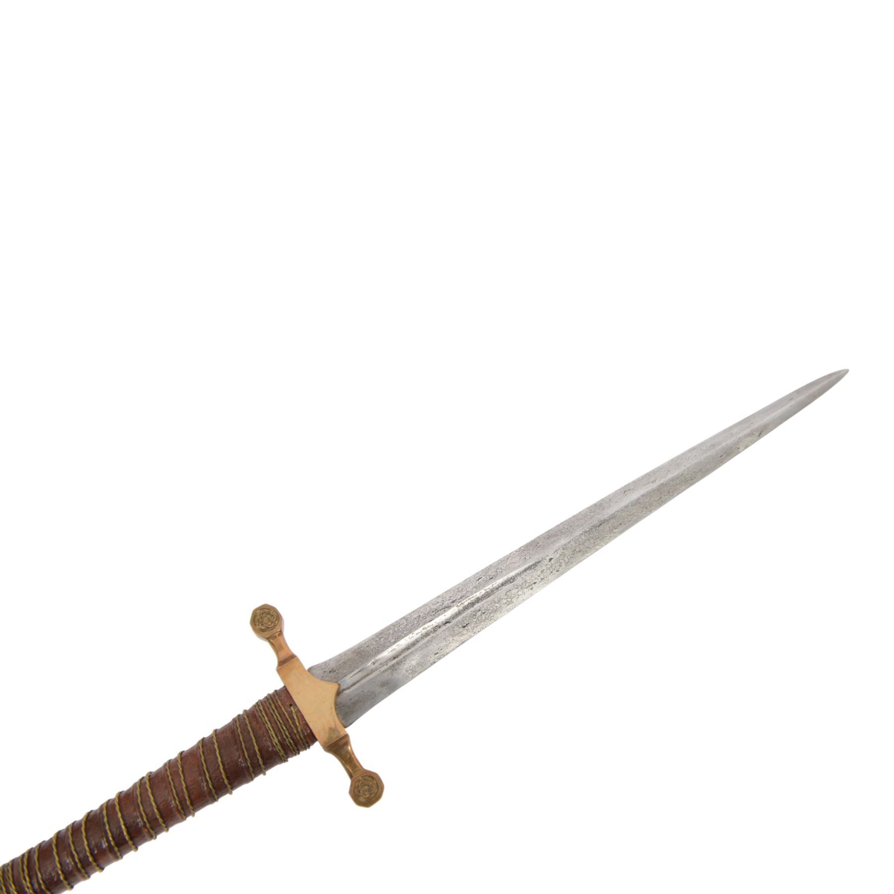 Dagger with brass cross guard and crown finial, within a leather scabbard, together with another knife, dagger L54cm 
