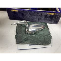 Hunting horn, with silver plated mounts, Ronson red glass table lighter, silver plated bowl, goblets and liquer glasses and other collectables