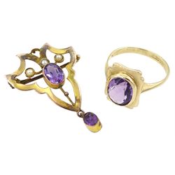 Gold amethyst ring and an early 20th century amethyst and split pearl brooch, both 9ct hallmarked or stamped