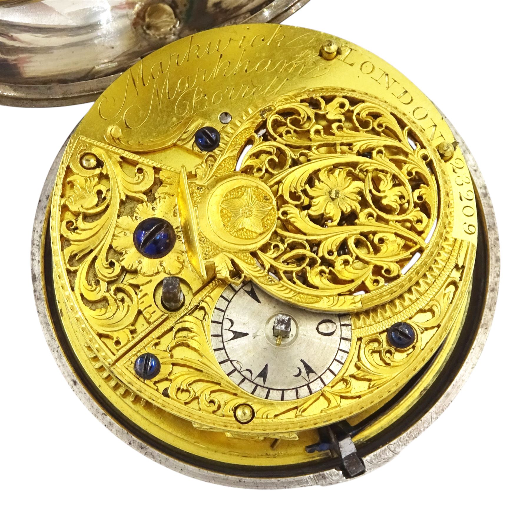 George III silver and gilt metal triple cased verge fusee pocket watch, for the Turkish market by Markwick Markham Borrell, London, No. 23209, ornate classical design pillars, pierced and engraved foliate balance cock, white enamel dial with Turkish numerals, bull's eye glass, the silver cases by James Richards, London 1804, the silver and gilt outer case decorated with green shagreen