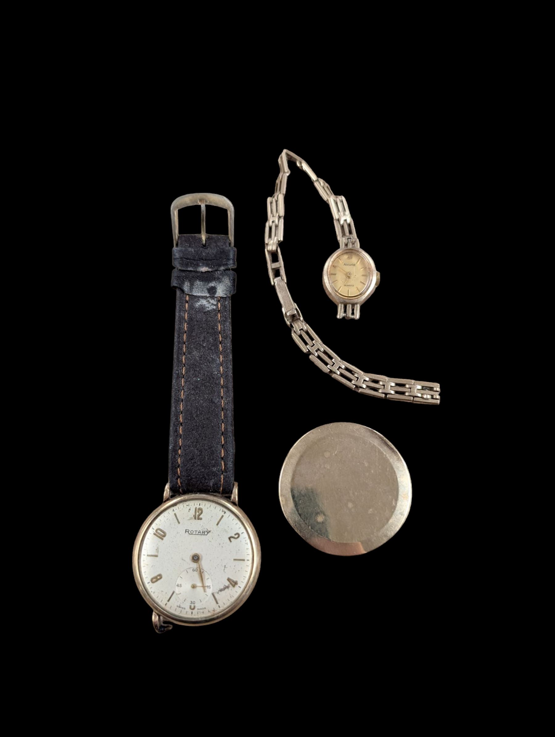 9ct gold watch back case, ladies 9ct gold manual wind wristwatch on 9ct gold strap and a 9ct gold cased wristwatch on leather strap