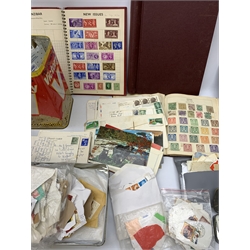  Collection of Great British and World stamps in albums and loose including Australia, Austria, Barbados, Belgium, Canada, France, Gibraltar etc, small number of modern postcards etc, in one box  