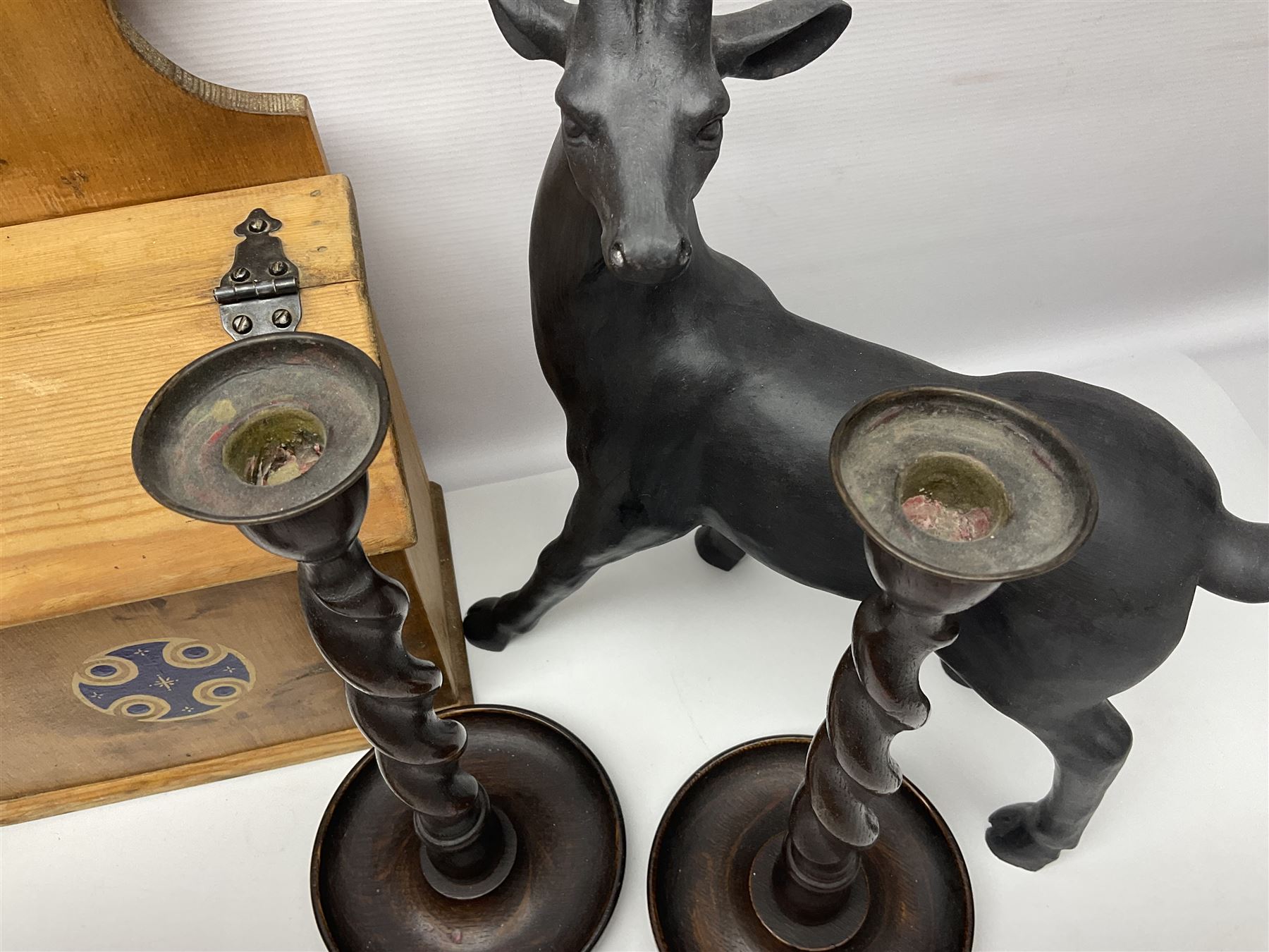 Wooden candle box, together with two barley twist candlesticks, carved duck and other collectables 