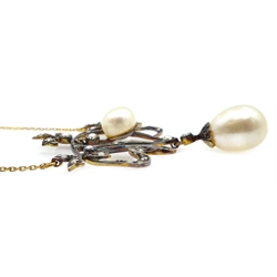  Gold and silver pearl and diamond necklace, the necklace chain stamped 375  