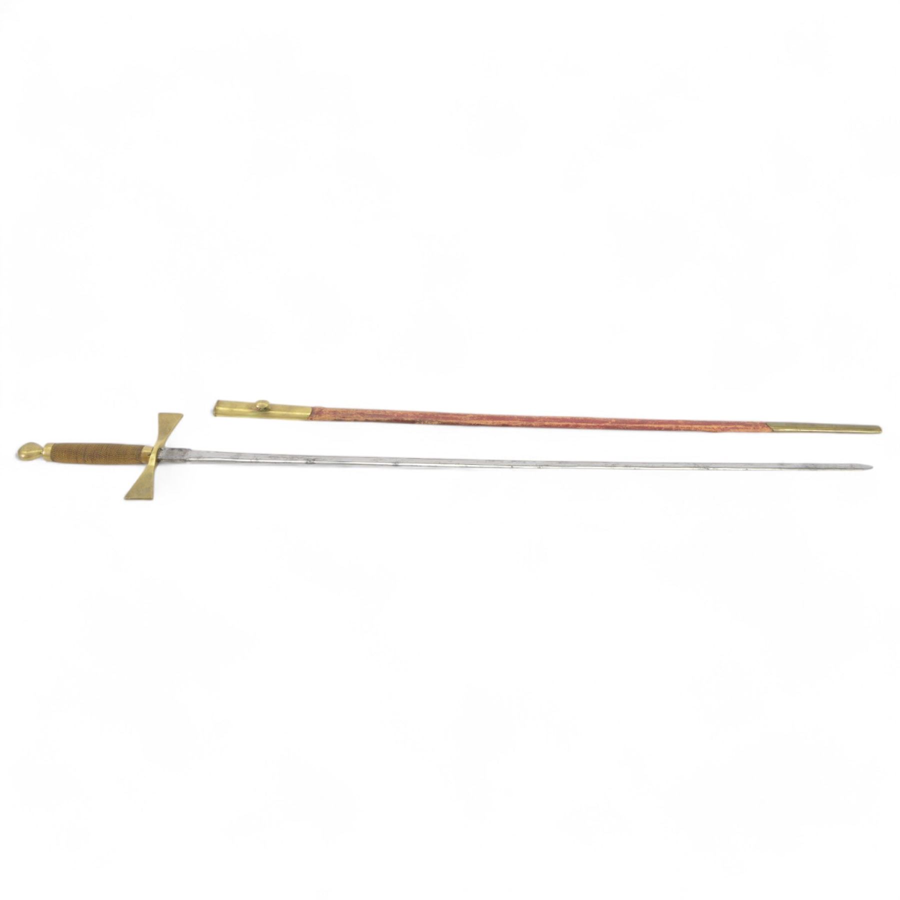 Four court swords, together with fencing foil and dagger in leather and brass scabbard 