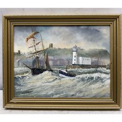 Robert Sheader (British 20th century): Boats Leaving Scarborough Harbour, oil on board signed 22cm x 29cm