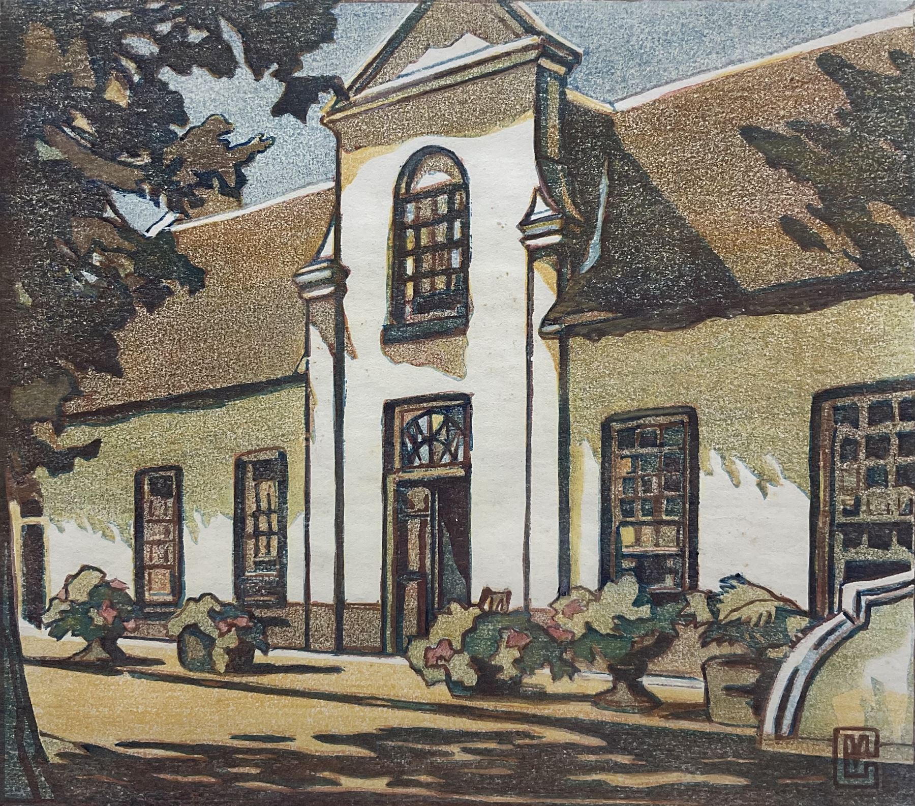 Marion Gill (British 1879-1959): 'Old Cape Homestead', woodblock print signed with monogram, titled verso 25cm x 28cm