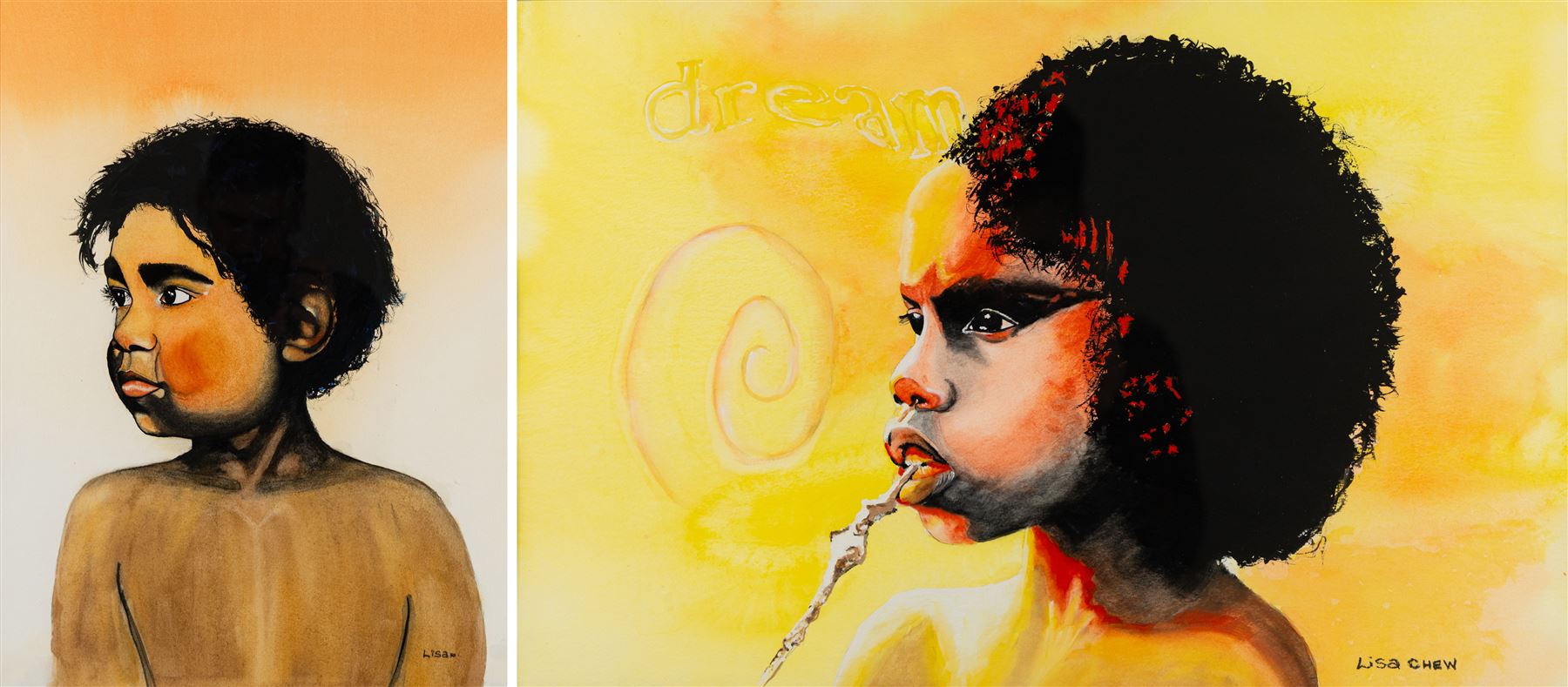 Lisa Chew (British Contemporary): 'Day Dream Girl' and  'Raven', pair of gouaches signed, titled verso 36cm x 54.5cm and 49cm x 36cm (2)