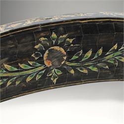 Early 20th century Anglo-Indian painted and inlaid armchairs, each with shaped top rail decorated with polychrome floral motifs above turned spindle galleries, shaped open arms and upholstered seats, on square supports with similar painted decoration