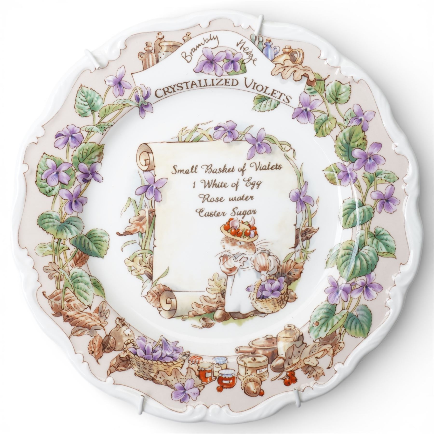 Eight Royal Doulton Brambly Hedge plates from the The Recipe Plate Collection, comprising 'Nettle Soup', 'Strawberry Shortcake', 'Mushroom Tart', 'Apple Pie', 'Elderflower Wine', 'Crystallized Violets', 'Blackberry Sorbet' and 'Honey & Nut Biscuits' (8)