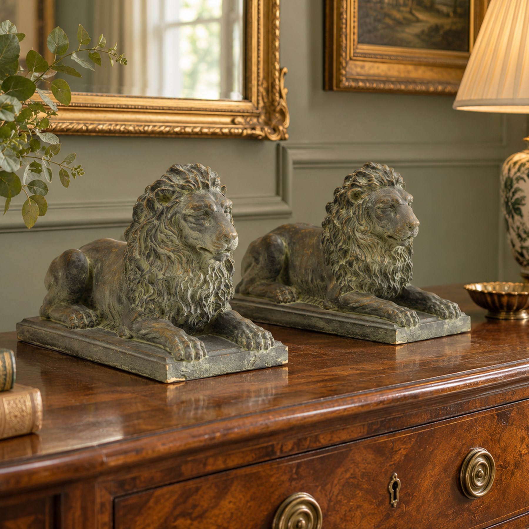 Pair of bronze-effect composition stone recumbent lions, with verdigris-style weathered finish, each raised on rectangular plinth base
