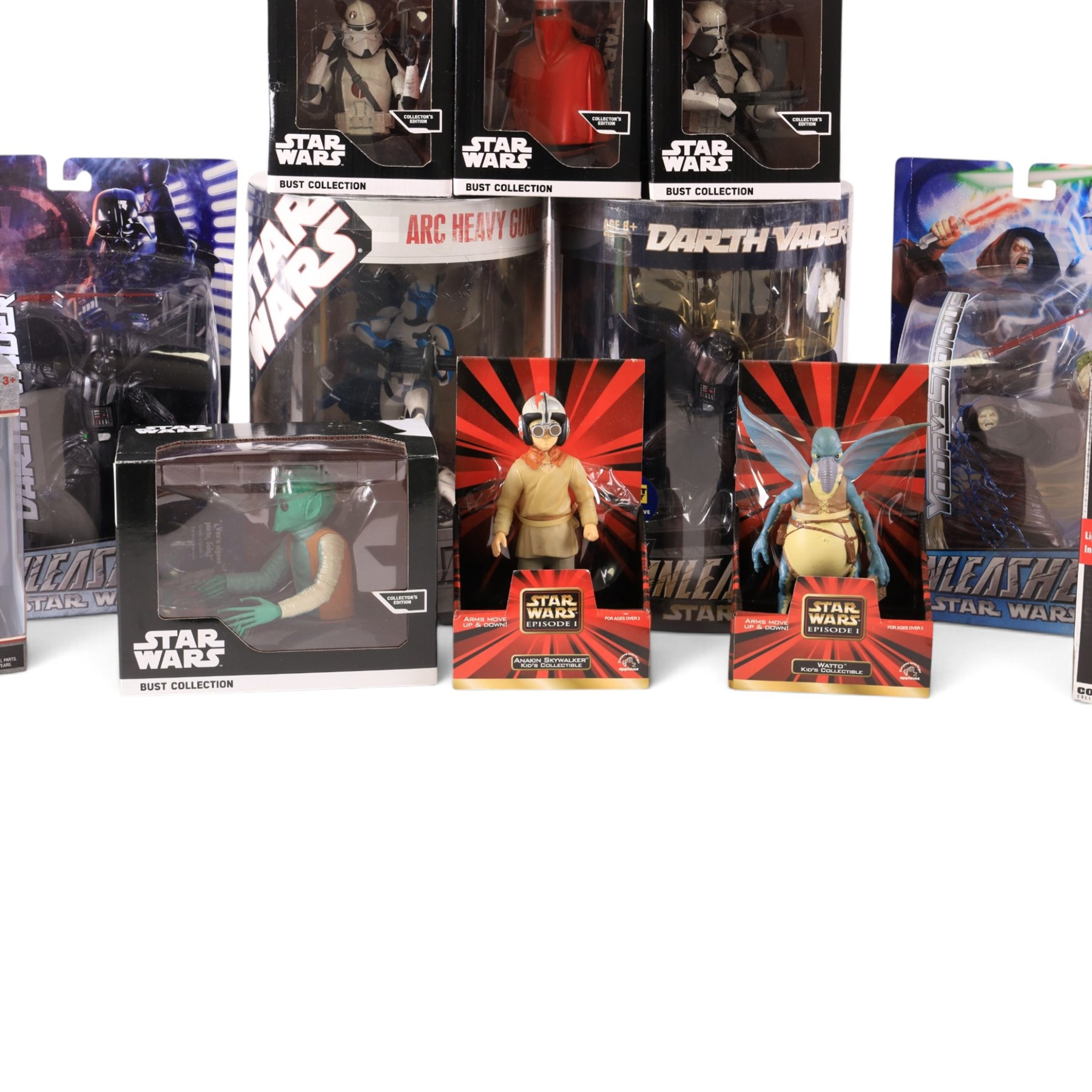 Thirteen Star Wars figures and busts, comprising four Hasbro Star Wars Unleashed figures Darth Vader, Revenge of the Sith Darth Vader, ARC Heavy Gunner and Yoda Versus Sidius, four DeAgostini collector's edition busts, Disney Store Elite Series Luke Skywalker, Code 3 Collectibles Darth Vader Movie Poster Sculpture, Hasbro Episode I Queen Amidala 1999 Portrait Edition and two Applause Episode I figures Watto and Anakin Skywalker, all boxed