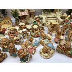 Extensive collection of Pendelfin rabbits and stands, to include Betsy Barge, Fruit Shop, Uncle Soames, Event Piece etc, many with original boxes 