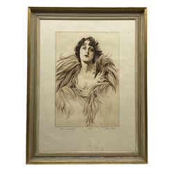Frank Martin (British 1921-2005): 'Norma Talmadge' (1894-1957), limited edition sepia etching with highlighted colours signed titled and numbered 33/100 in pencil, with 'Seen Editions London' blindstamp 45cm x 30cm