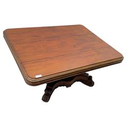 Victorian mahogany tilt-top table dining table, rounded tilt rectangular top with moulded edge, on octagonal column, raised on shaped quadriform base with bold scrolled feet