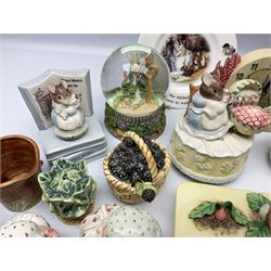 Border Fine Arts Beatrix Potter figures, to include Lady Mouse, Sally Henny Penny, Peter posting a letter, etc, together with four Boarder fine Arts Beatrix Potter music boxes, salt and pepper shakers, etc 