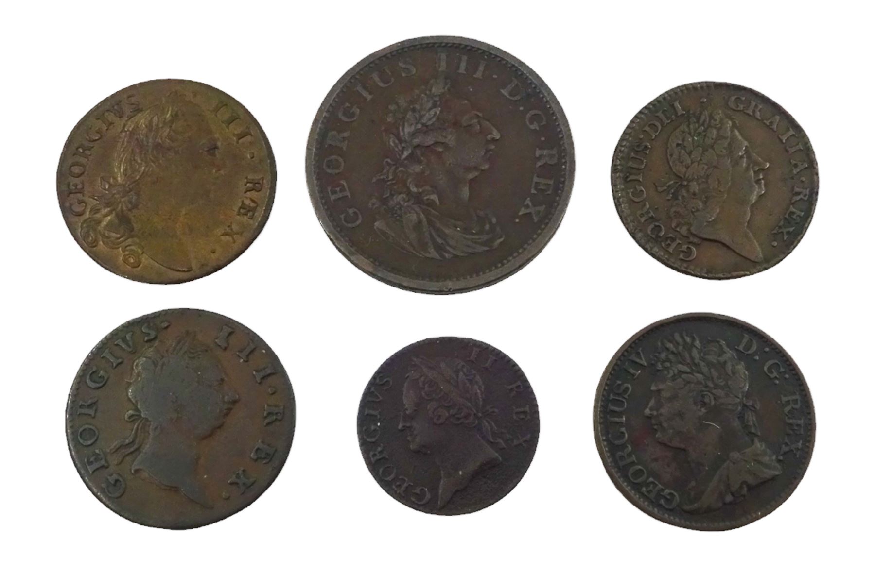 Six 18th century and later Irish coins, including George I 1724 halfpenny, George III 1769 halfpenny, 1805 penny etc