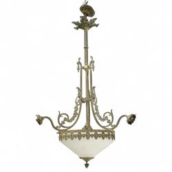 Early 20th-century French gilt bronze and glass three-light plafonnier, circular frosted glass bowl with moulded flutes, frosted glass bowls suspended from a hexagonal stem with scrolling acanthus branches and stiff leaf ceiling corona 