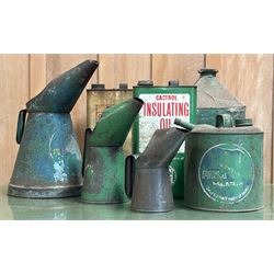 Group of vintage oil tins, to include Ensign motor oil, Castrol insulating oil, Fina Green...