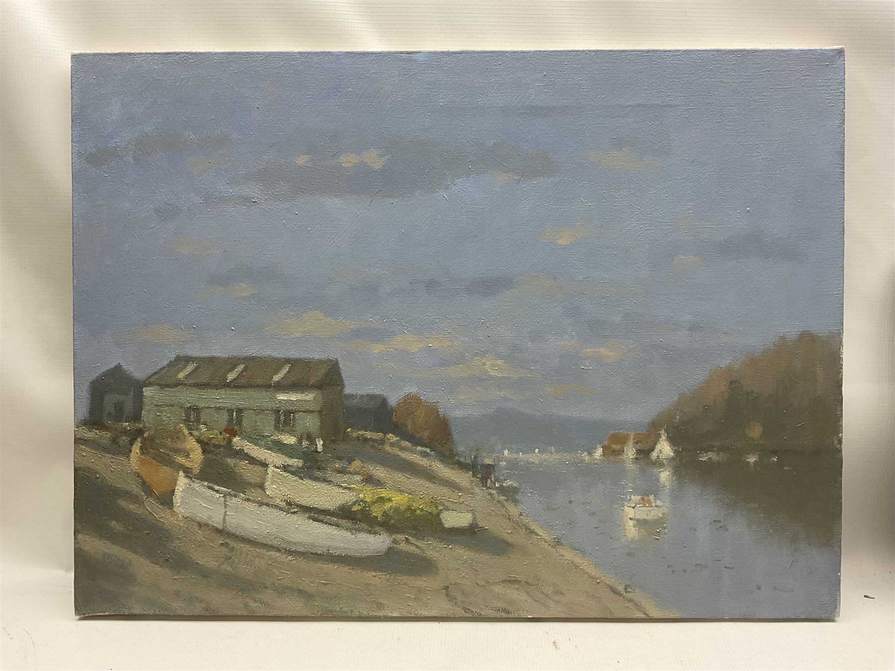 William Burns (Northern British 1923-2010): 'An East Coast Boatyard', oil on canvas unsigned, titled verso 46cm x 62cm (unframed) Provenance: Direct from the family of the artist. 
Notes: Born in Sheffield in 1923, William Burns RIBA FSAI FRSA studied at the Sheffield College of Art before the outbreak of the Second World War, during which he helped illustrate the official War Diaries for the North Africa Campaign, and was elected a member of the Armed Forces Art Society. On his return, he studied architecture at Sheffield University and later ran his own successful practice, being a member of the Royal Institute of British Architects. However, painting had always been his self-confessed 'first love', and in the 1970s he gave up architecture to become a full-time artist, having his first one-man exhibition in 1979.