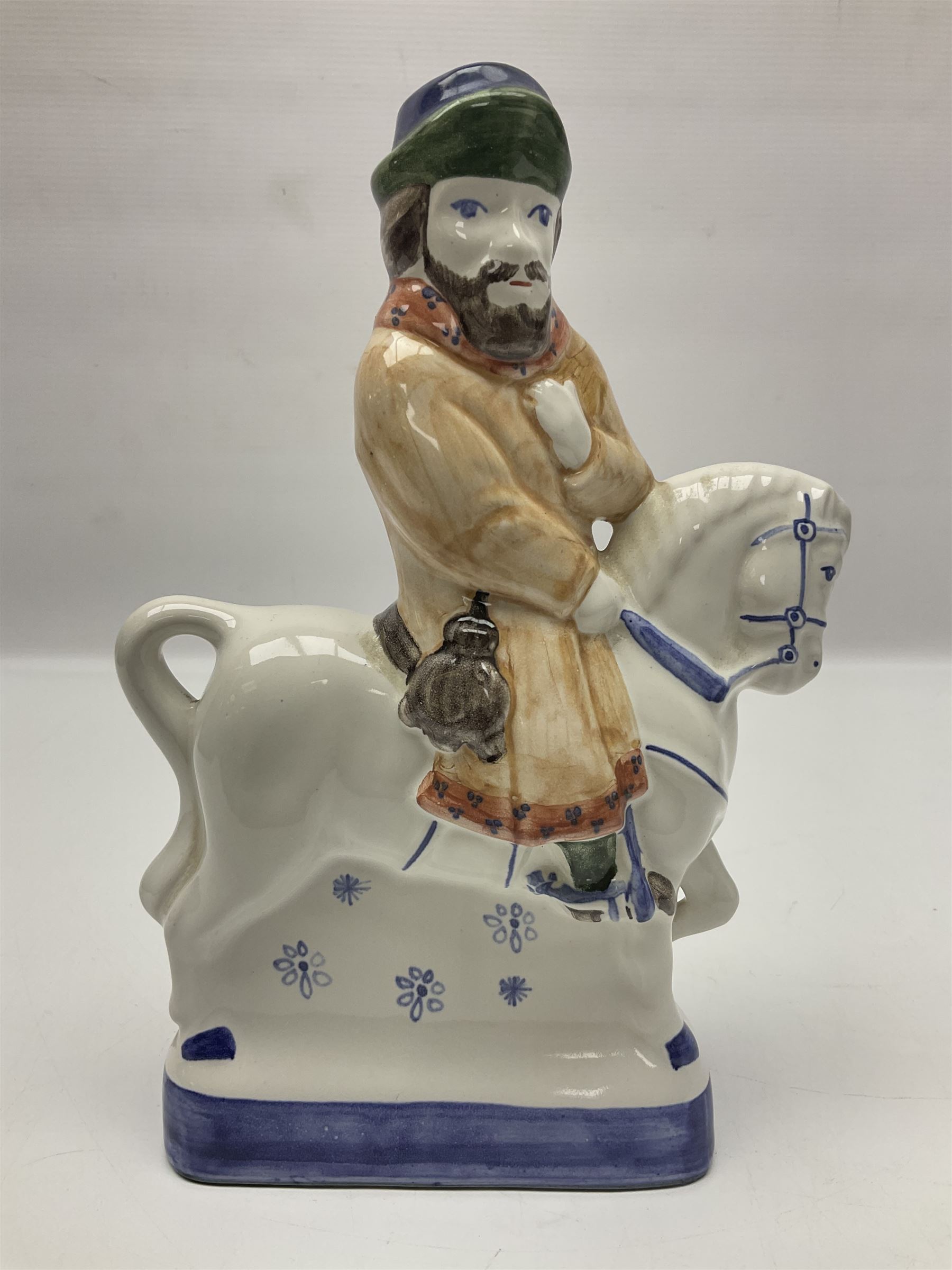 Three Rye Pottery Canterbury Tales figures, comprising The Miller, The Monk and The Franklin, together with a Canterbury Tale tile The Knight, tallest H24cm