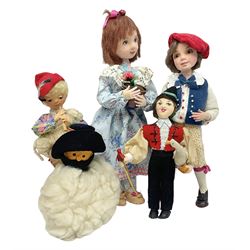 Anna Meszaros Hungary - five hand made needlework figurines including goose girl with stick H20cm; shepherdess in a sitting pose playing a penny whistle with a lamb on her knee; young girl holding a flowerpot; and two others (5)  Auctioneer's Note: Anna Meszaros came to England from her native Hungary in 1959 to marry an English businessman she met while demonstrating her art at the 1958 Brussels Exhibition. Shortly before she left for England she was awarded the title of Folk Artist Master by the Hungarian Government. Anna was a gifted painter of mainly portraits and sculptress before starting to make her figurines which are completely hand made and unique, each with a character and expression of its own. The hands, feet and face are sculptured by layering the material and pulling the features into place with needle and thread. She died in Hull in 1998.