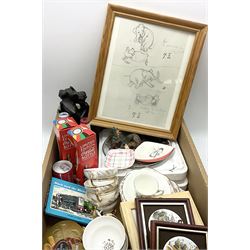 Group of assorted collectables, to include tea set for six with gilt decoration, Carlton Ware pin dish, African carved wooden figure group, limited edition Coca Cola bottles, three framed enamel of copper printed circular plaques, framed and glazed  E H Shepard print, etc., in one box 