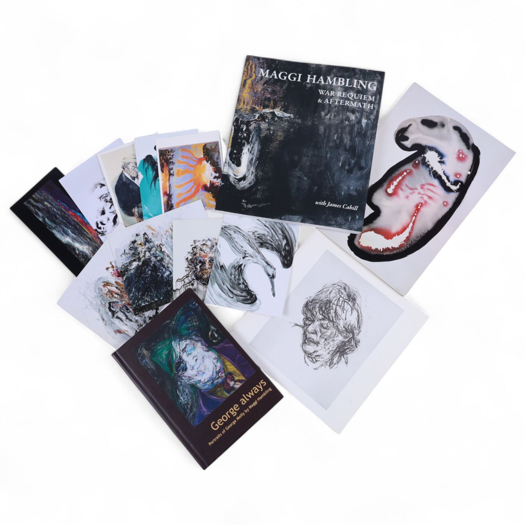 Four signed Maggi Hambling books, comprising George Always, War Requiem & Aftermath, Henrietta Moraes Drawings by Maggi Hambling and An Eye Through a Decade, together with nine signed Maggi Hambling postcards