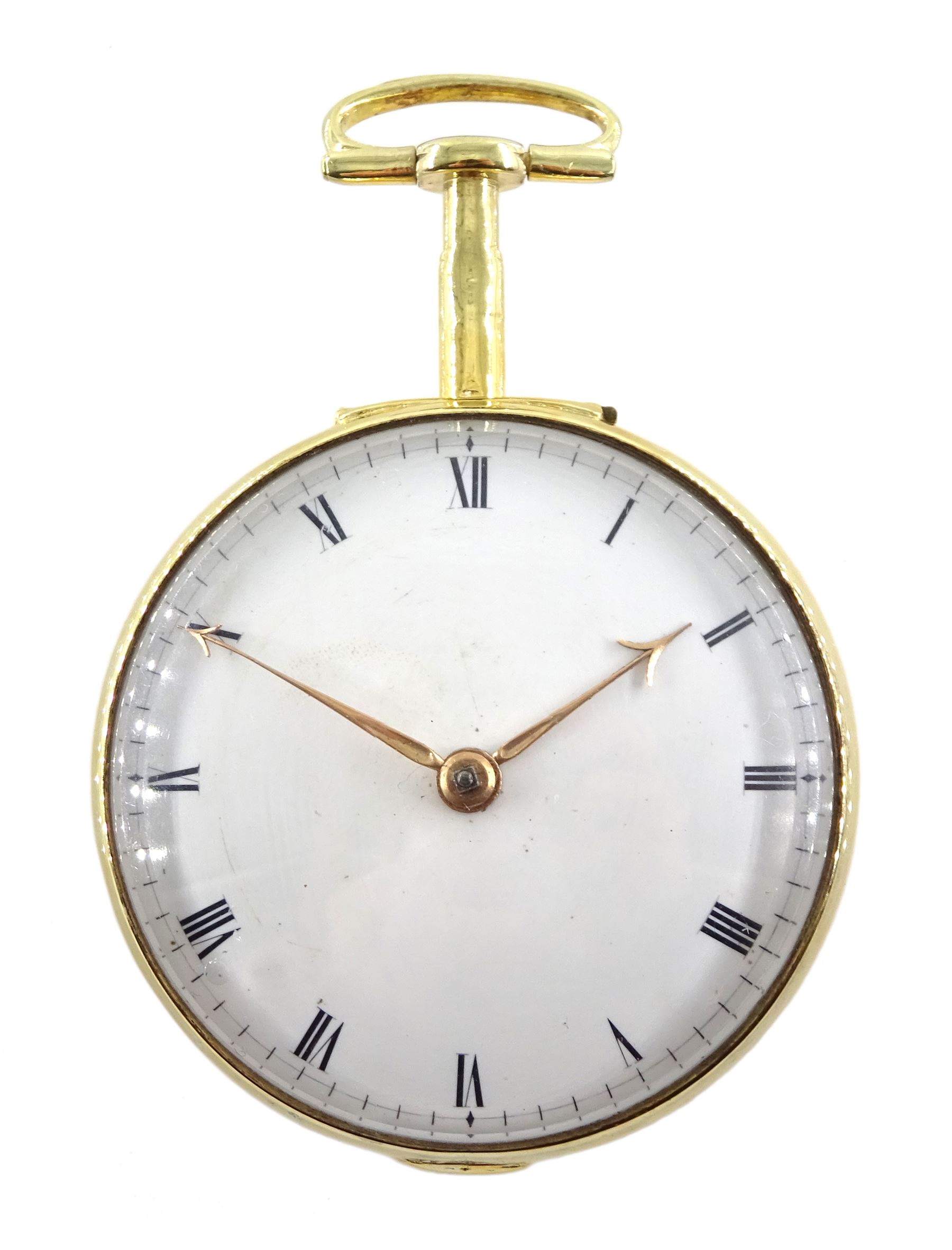 George III gilt pair cased verge fusee pocket watch by George Flote, Islington London, No. 1790, round baluster pillars, pierced and engraved cock balance, white enamel dial with Roman numerals, bull's eye glass, case makers mark I.N, with a fabric watchpaper embroidered with 'Oft let us meet in thought'