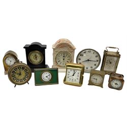 Miniature 'Zenith' travel alarm clock, in engine turned brass case with silvered numerical chapter ring, H5cm, together with other clocks to include Aynsley Portland Ware mantel clock, with moulded peacock design, Europa travelling clock, brass carriage clock, German copper clock of cube form etc