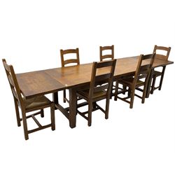 Antix French oak dining table with two leaves, two frieze drawers;, and six ladder back chairs with rush seats