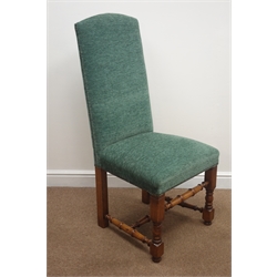  Set eight late 20th century Queen Anne style high back dining chairs, upholstered in a green fabric, turned supports, joined by stretcher  