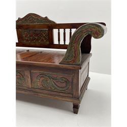 Eastern style carved hardwood bench, decorated with birds and foliage scrolls