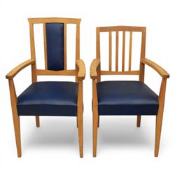 Modern twelve oak dining chairs including one 'Chairmans' chair, solid oak construction, slatted back and arm rests, blue leatherette padded seat, on tapered square supports 