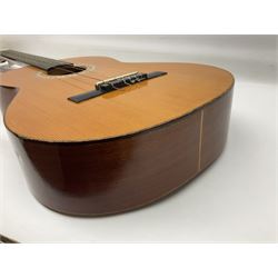 Spanish BM acoustic guitar with mahogany back and sides and spruce top L101cm; in cello carrying case; Roland foot pedal and two Yamaha foot pedals; tin D# organ pipe; folding music stand etc