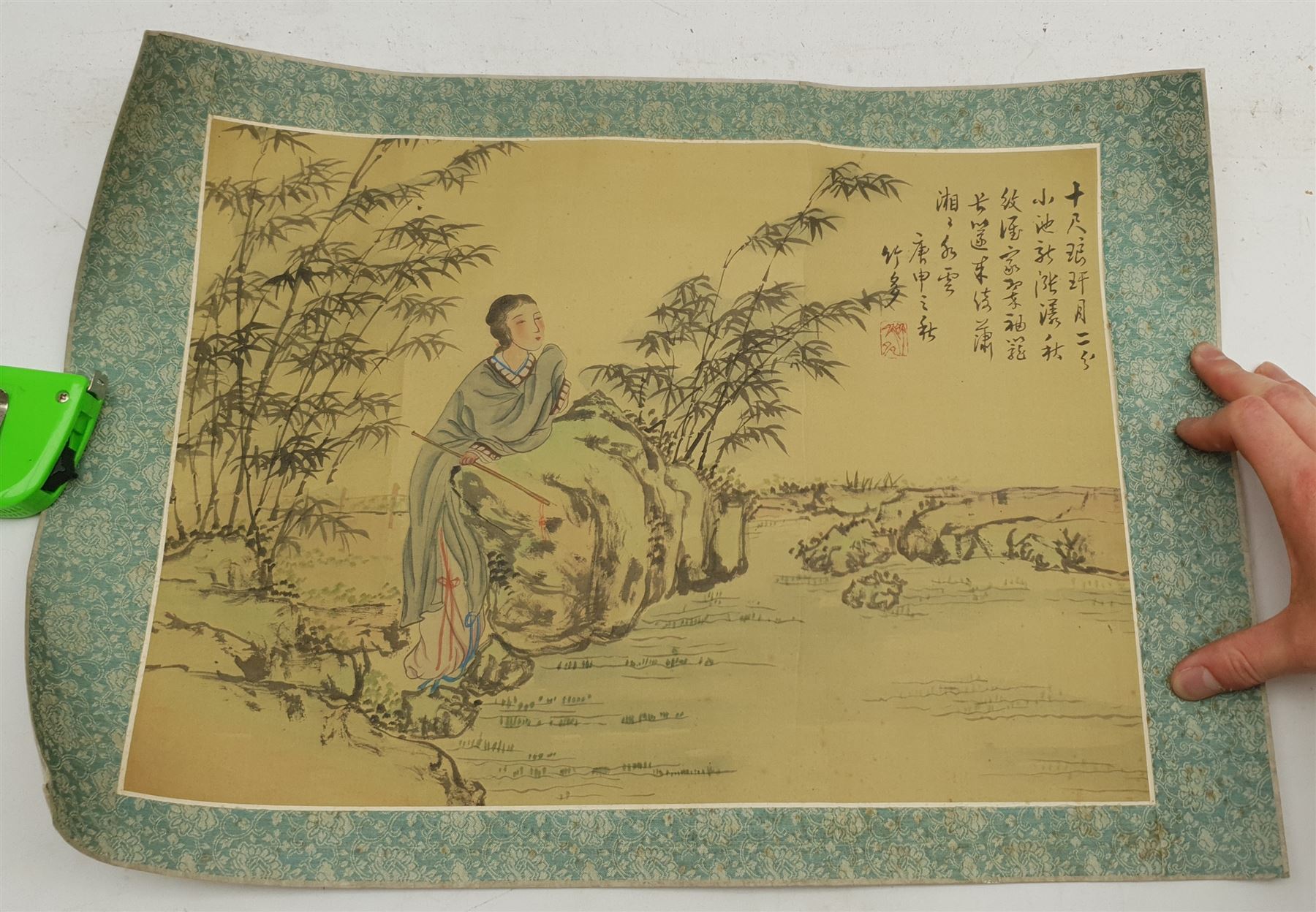 After Claude Lorrain (British 1600-1682): Classical Landscapes, 20th century prints; Japanese School (20th century): Pair woodblock prints; Chinese School (20th century): Seated Lady, painting on silk mounted onto paper, max 29cm x 40cm (5)