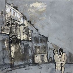 Larry Hilary Eduard Wakefield (British 1925-1997): Lovers by the Houses, mixed media signed 34cm x 34cm 