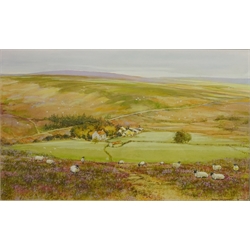  Sheep and Houses in North Yorkshire Moors, watercolour signed by John Holloway 38cm x 62cm  