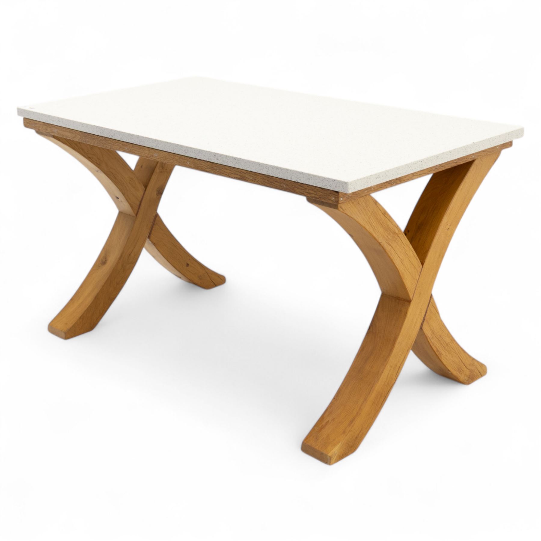 Kitchen dining table, rectangular, speckled quartz and marble composite top on a solid oak x-from base 