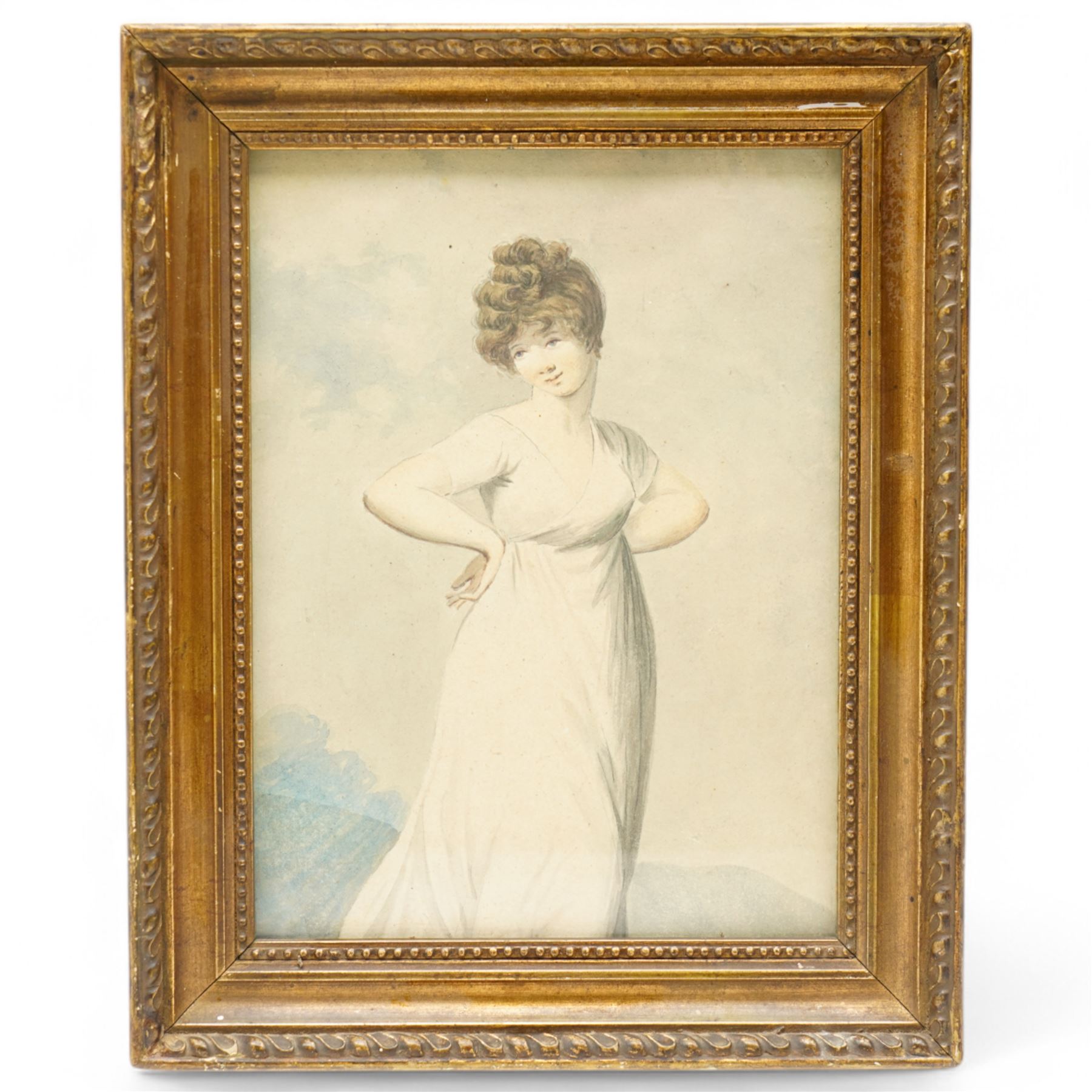 Adam Buck (Irish 1759-1833): Portrait of a Regency Lady Wearing a White Dress, watercolour attributed on antique label verso 19cm x 14cm