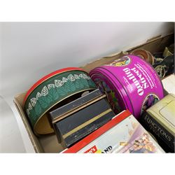 Collection of silver plated cased cutlery including part canteens and butter knives, together with other metal ware including J&J Siddons iron, horse brasses and a copper kettle, 1970s children's annuals including Beano, two handbags and three suitcases, vintage tins etc, in four boxes 