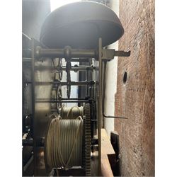 Oak and Mahogany - 8-day longcase clock c1830 with a swan necked pediment and break arch hood door beneath flanked by reeded pilasters with Corinthian capitals,  trunk with three quarter reeded columns and a short door with canted corners, on a conforming plinth with a raised panel, painted dial with Arabic numerals, painted birds to the spandrels and a depiction of a soldier and encampment to the arch, with subsidiary calendar aperture and seconds dial, makers name indistinct, with a rack striking movement striking the hours on a bell.  No weights or pendulum.