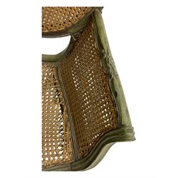 19th century French Louis XV-design armchair, carved and painted wood frame, caned back and seat with scrolled arms, supported by cabriole supports with acanthus leaf decoration