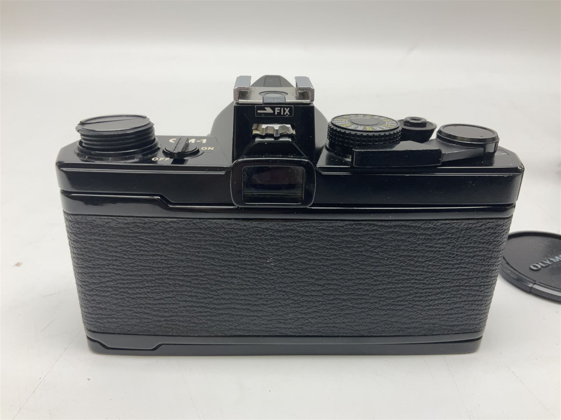 Olympus OM-1 camera body, serial no 913212, with 'Olympus OM-System F.Zuiko Auto-S 1:1.8 f=50mm' lens, serial no.74374, 'Vivitar wide angle MC 28mm 1:2.8 49mm' lens, serial no. 42042268, and Olympus OM winder 2