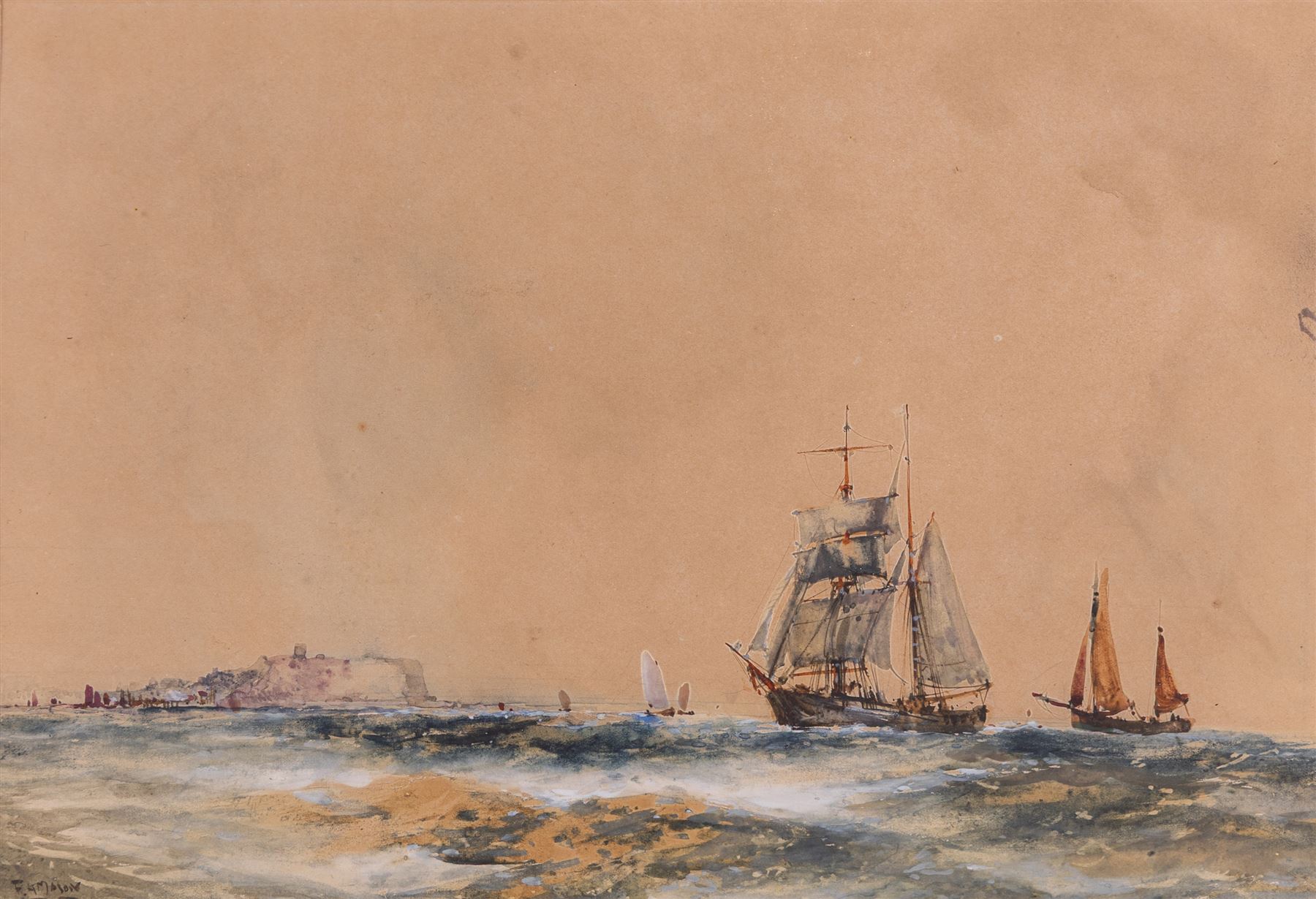Frank Henry Mason (Staithes Group 1875-1965): Scarborough from Cornelian Bay & Sailing Vessels off the Scarborough Coast, pair watercolours signed 23cm x 34cm (2)